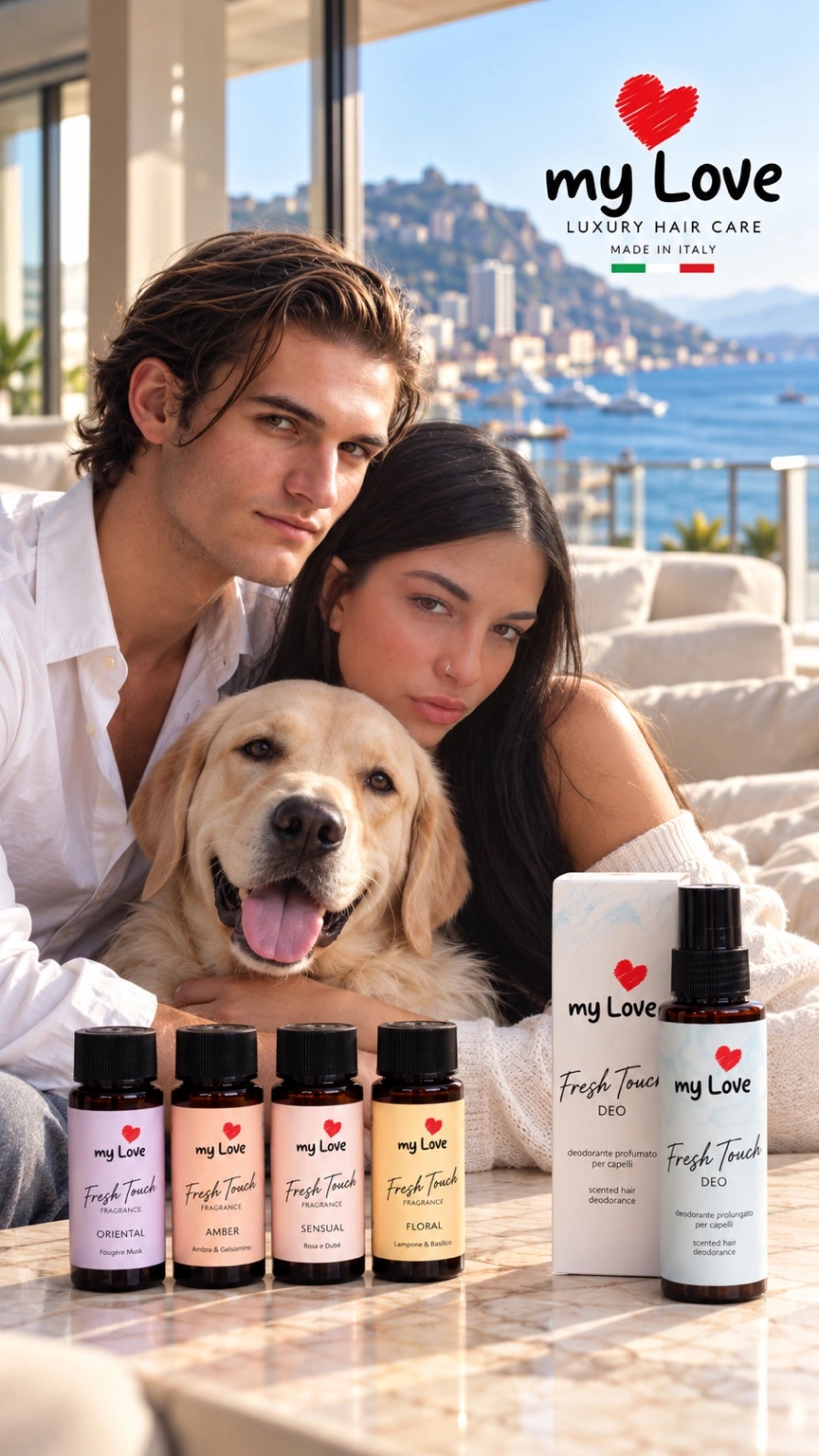 Un couple avec un golden retriever et les produits myLove Fresh Touch