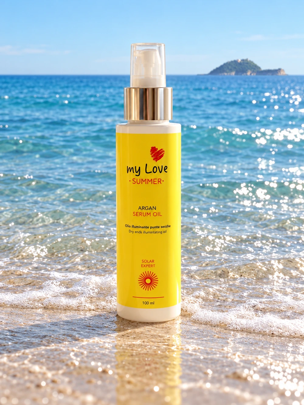 myLove Argan Serum Oil, emballage original devant la mer d’Alassio et l’île de Gallinara