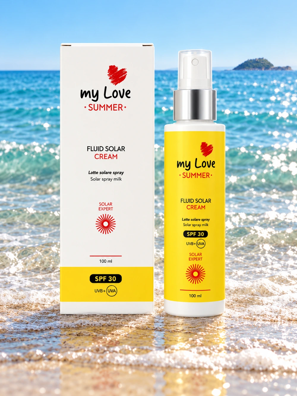 myLove Fluid Solar Cream SPF 30, emballage original devant la mer d’Alassio et l’île de Gallinara