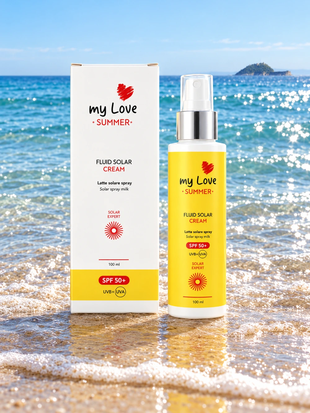 myLove Fluid Solar Cream SPF 50+, emballage original devant la mer d’Alassio et l’île de Gallinara
